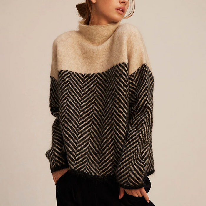 Nora two-tone high-neck pullover with herringbone pattern in a relaxed fit