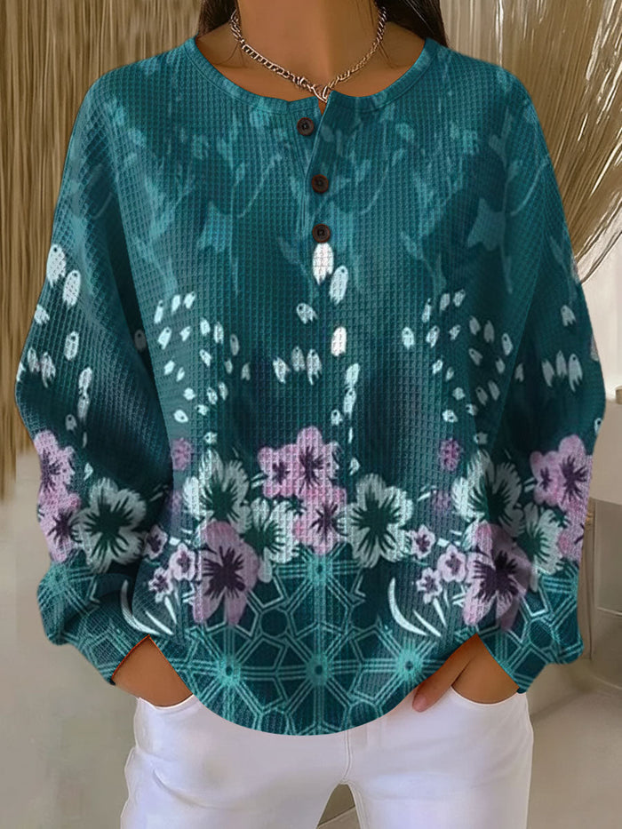 Nora relaxed-fit waffle-knit women's sweater with floral color pattern