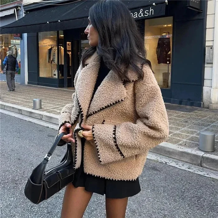 Olivia Luxe Teddy Jacket in soft fluffy teddy texture with turndown collar and relaxed open front