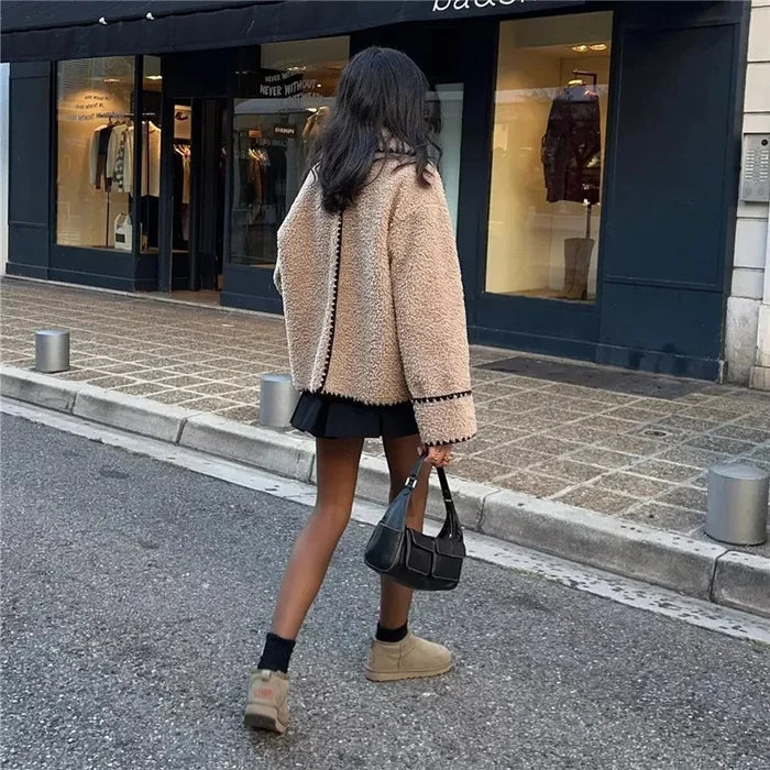 Olivia Luxe Teddy Jacket in soft fluffy teddy texture with turndown collar and relaxed open front