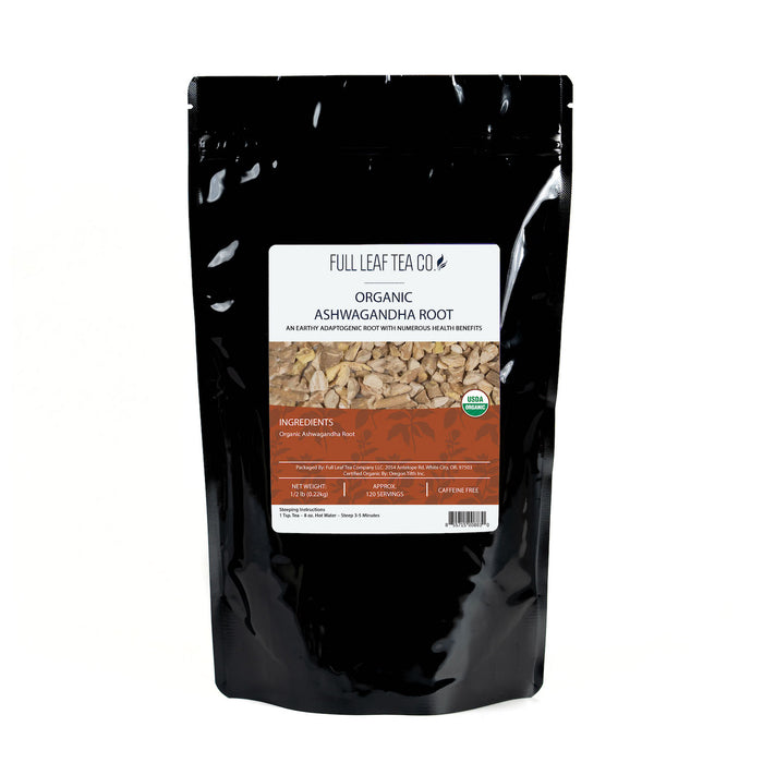 A 1/2 pound bag of Full Leaf Tea Company Organic Ashwagandha Root Loose Leaf Tea.
