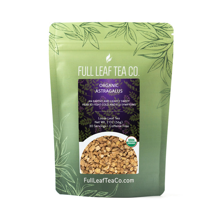 A 2oz bag of Full Leaf Tea Company Organic Astragalus Loose Leaf Tea.