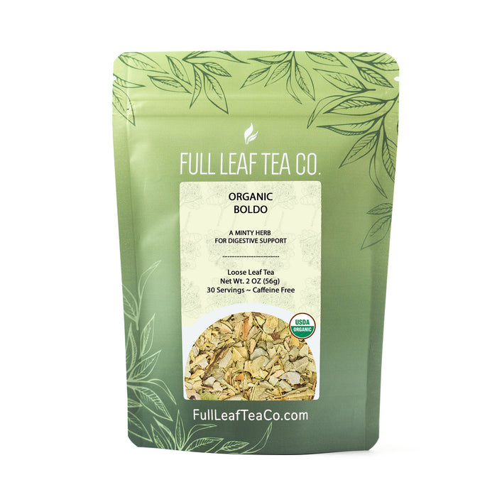 A 2oz bag of Full Leaf Tea Company Organic Boldo Loose Leaf Tea.