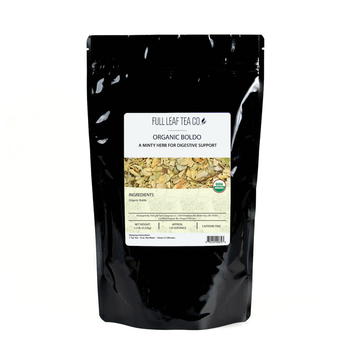 A 1/2 pound bag of Full Leaf Tea Company Organic Boldo Loose Leaf Tea.