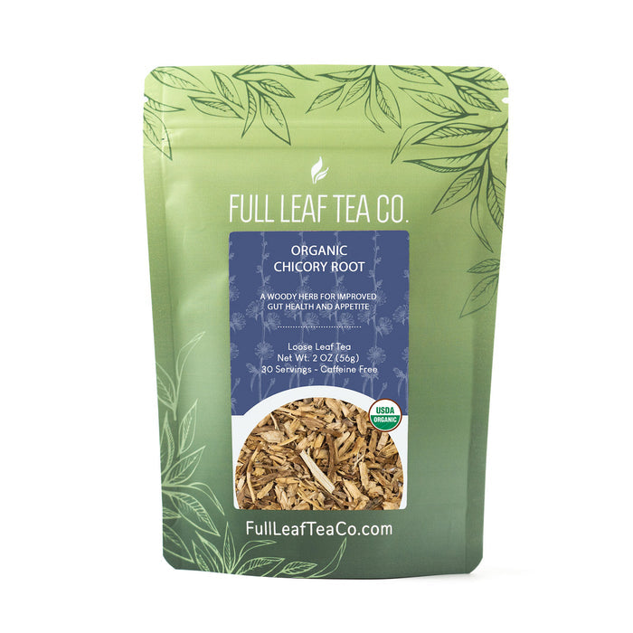 A 2oz bag of Full Leaf Tea Company Organic Chicory Root Loose Leaf Tea.