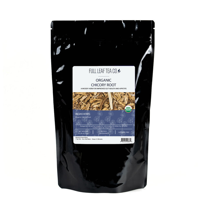 A 1/2 pound bag of Full Leaf Tea Company Organic Chicory Root Loose Leaf Tea.