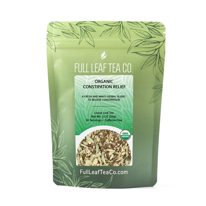A 2oz bag of Full Leaf Tea Company Organic Constipation Relief Loose Leaf Tea.