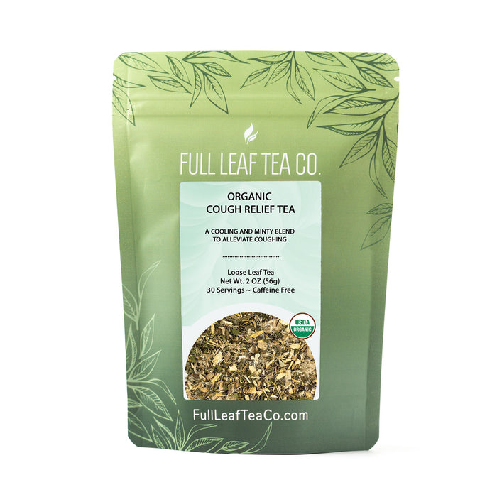 A 2oz bag of Full Leaf Tea Company Organic Cough Relief Loose Leaf Tea.