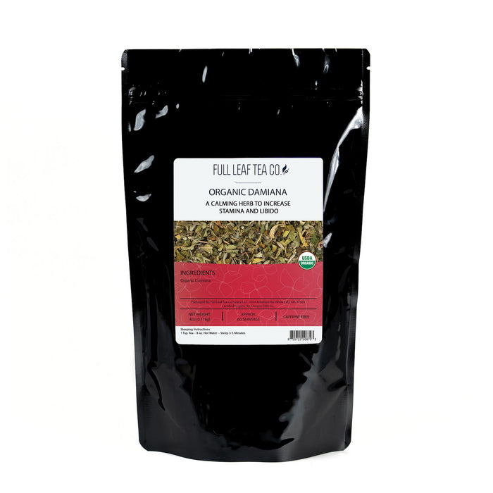 A 1/2 pound bag of Full Leaf Tea Company Organic Damiana Loose Leaf Tea.