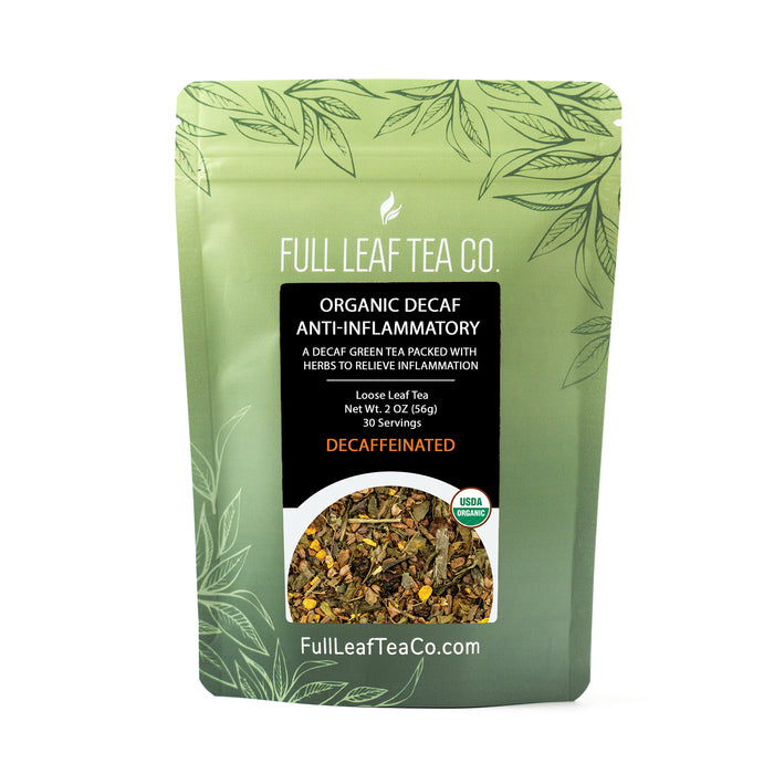 A 2oz bag of Full Leaf Tea Company Organic Decaf Anti-Inflammatory Loose Leaf Tea.