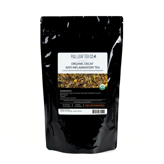 A 1/2 pound bag of Full Leaf Tea Company Organic Decaf Anti-Inflammatory Loose Leaf Tea.