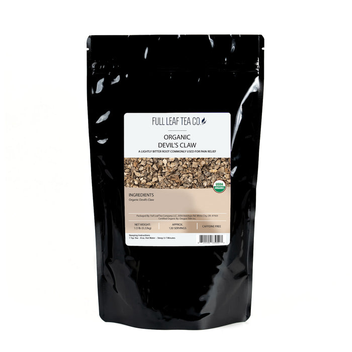A 1/2 pound bag of Full Leaf Tea Company Organic Devil's Claw Loose Leaf Tea.