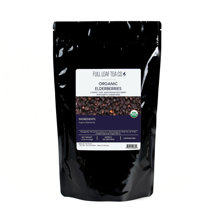 A 1/2 pound bag of Full Leaf Tea Company Organic Elderberries Loose Leaf Tea.
