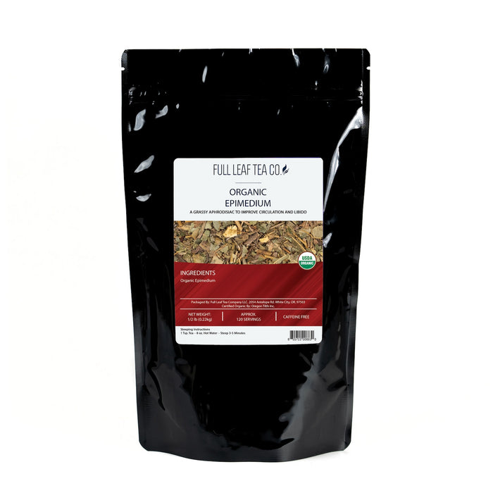 A 1/2 pound bag of Full Leaf Tea Company Organic Epimedium Loose Leaf Tea.