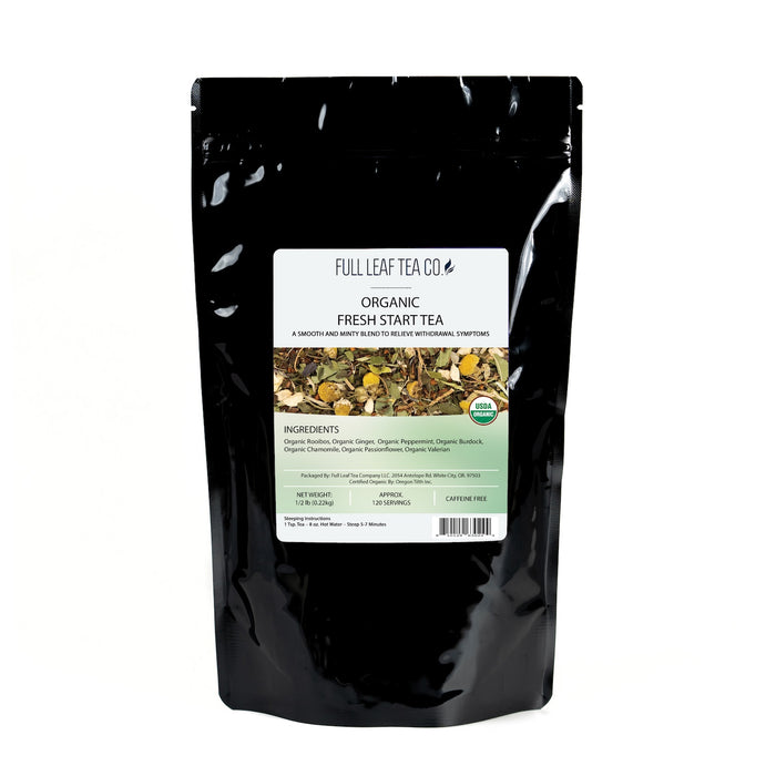 A 1/2 pound bag of Full Leaf Tea Company Organic Fresh Start Loose Leaf Tea.
