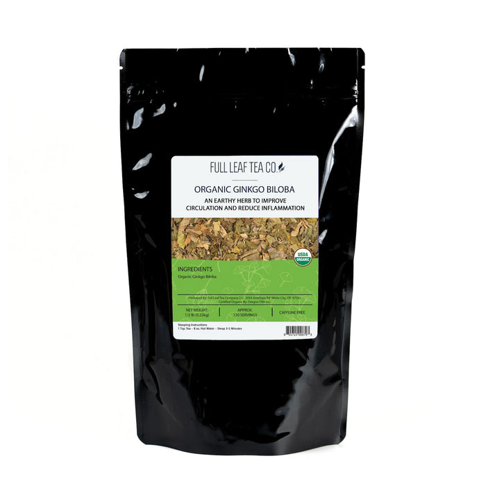 A 1/2 pound bag of Full Leaf Tea Company Organic Ginkgo Biloba Loose Leaf Tea.