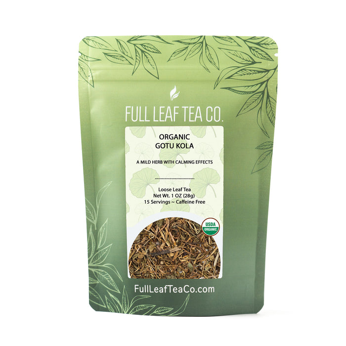 A 2oz bag of Full Leaf Tea Company Organic Gotu Kola Loose Leaf Tea.