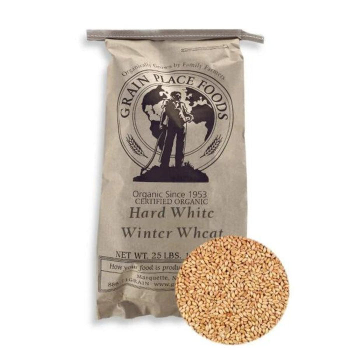 One 25 Pound Bag Of Organic Hard White Winter Wheat On A White Background