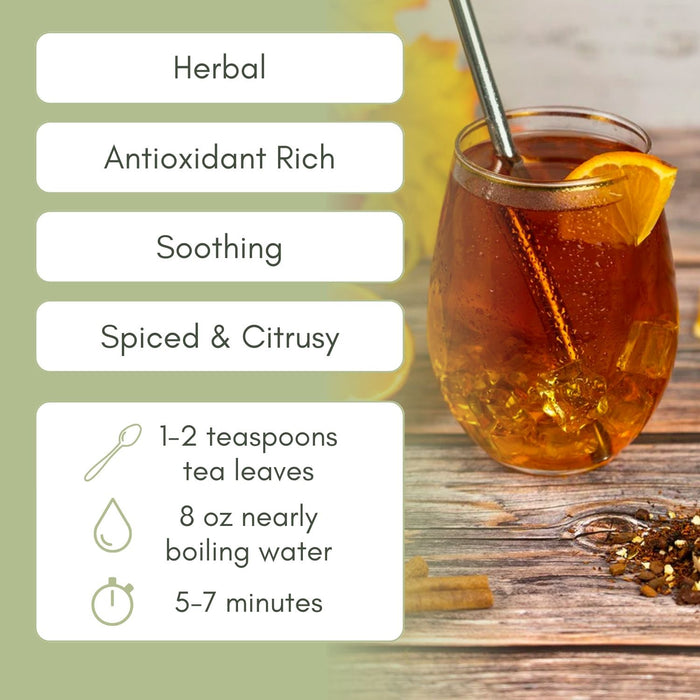 An Infographic description for Organic Herbal Orange Cinnamon Spice Tea.