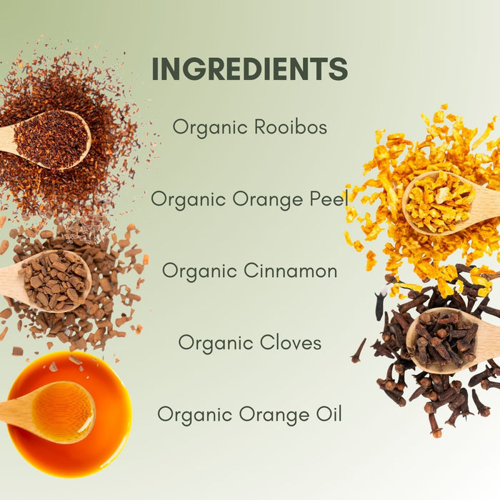 An Ingredient list for Organic Herbal Orange Cinnamon Spice Tea.