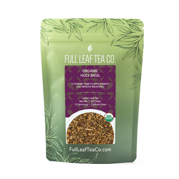 A 1oz bag of Full Leaf Tea Company Organic Holy Basil Loose Leaf Tea.