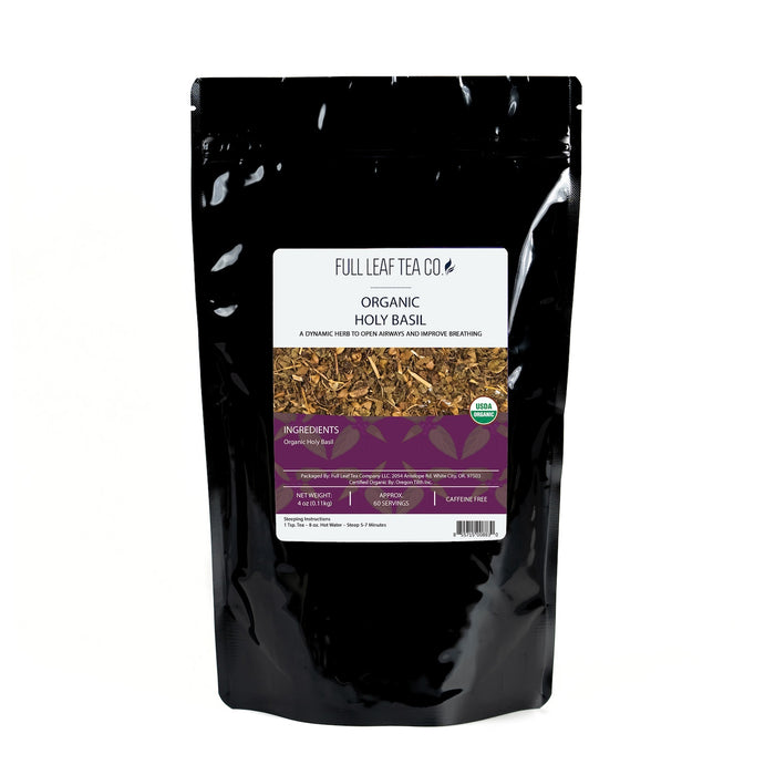 A 4oz bag of Full Leaf Tea Company Organic Holy Basil Loose Leaf Tea.