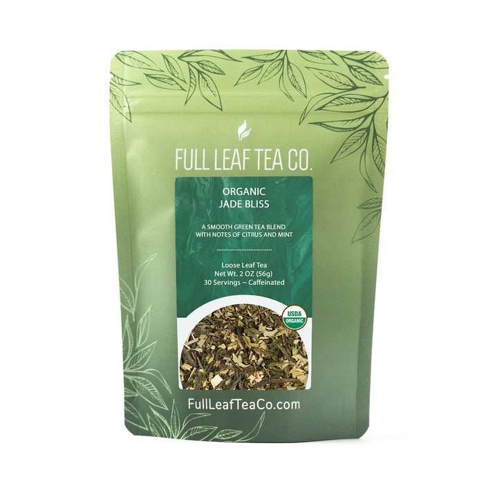 A 2oz bag of Full Leaf Tea Company Organic Jade Bliss Loose Leaf Tea.