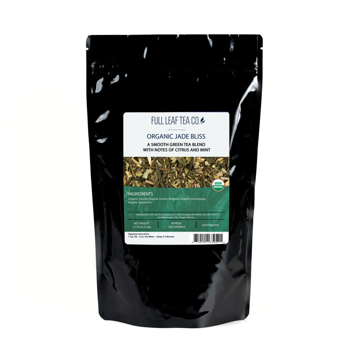 A 1/2 pound bag of Full Leaf Tea Company Organic Jade Bliss Loose Leaf Tea.