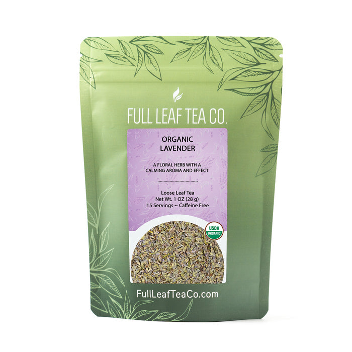 A 1oz bag of Full Leaf Tea Company Organic Lavender Loose Leaf Tea.
