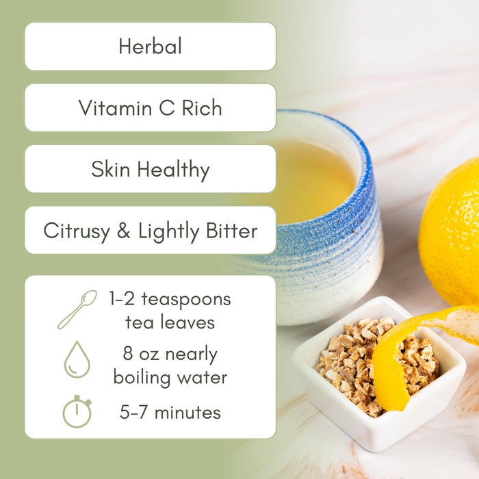 An Infographic description for Organic Lemon Peel Tea.