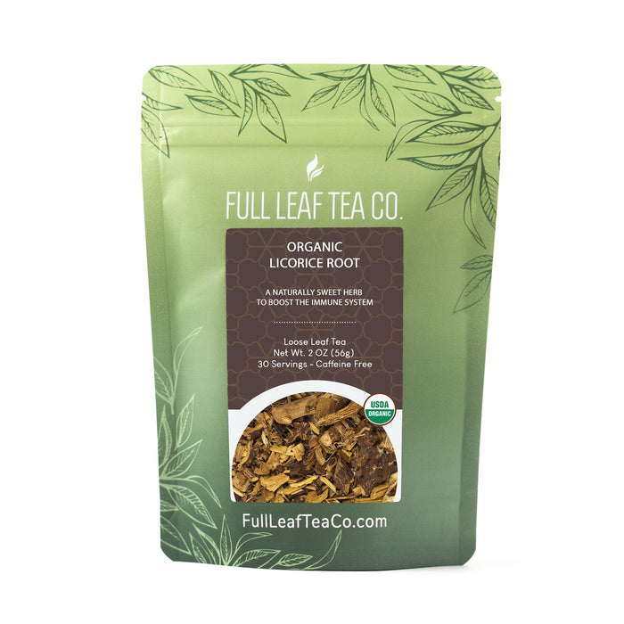 A 2oz bag of Full Leaf Tea Company Organic Licorice Root Loose Leaf Tea.