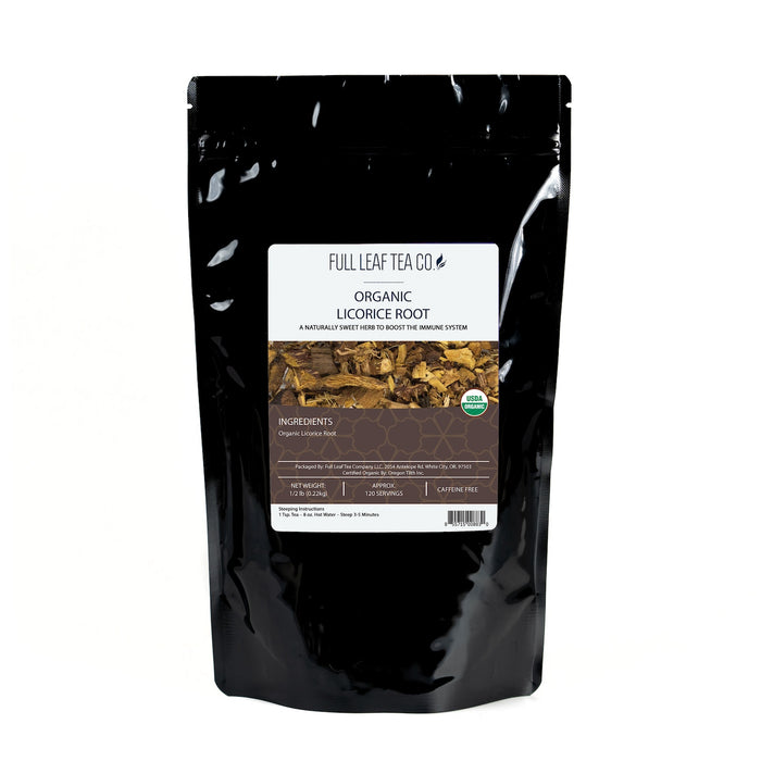 A 1/2 pound bag of Full Leaf Tea Company Organic Licorice Root Loose Leaf Tea.
