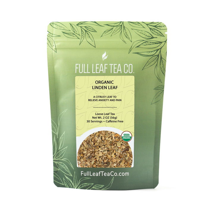 A 2oz bag of Full Leaf Tea Company Organic Linden Leaf Loose Leaf Tea.