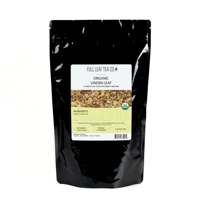 A 1/2 pound bag of Full Leaf Tea Company Organic Linden Leaf Loose Leaf Tea.