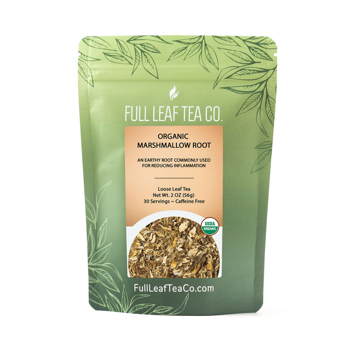 A 2oz bag of Full Leaf Tea Company Organic Marshmallow Root Loose Leaf Tea.