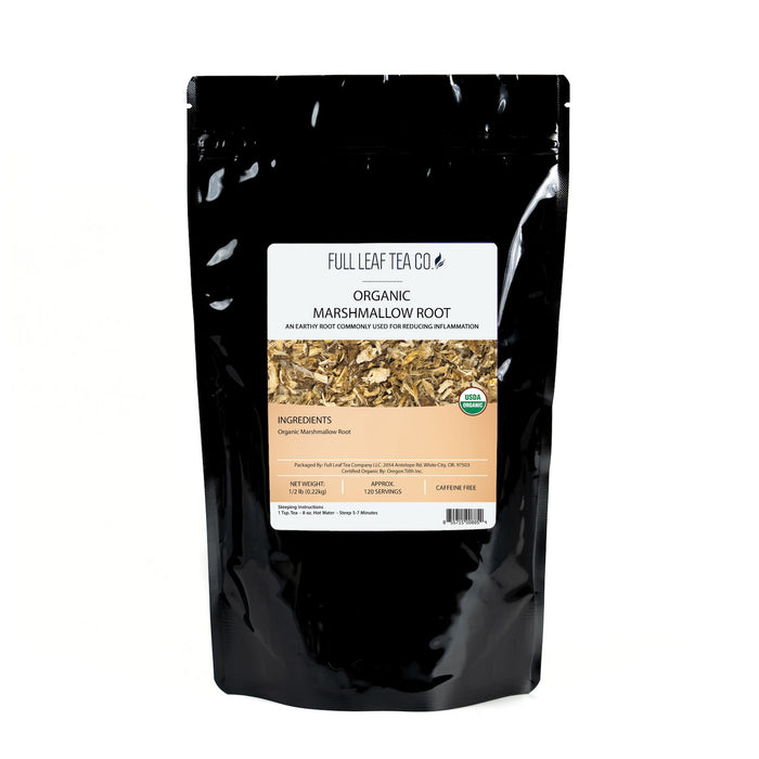 A 1/2 pound bag of Full Leaf Tea Company Organic Marshmallow Root Loose Leaf Tea.