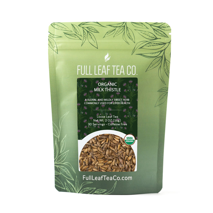 A 2oz bag of Full Leaf Tea Company Organic Milk Thistle Loose Leaf Tea.