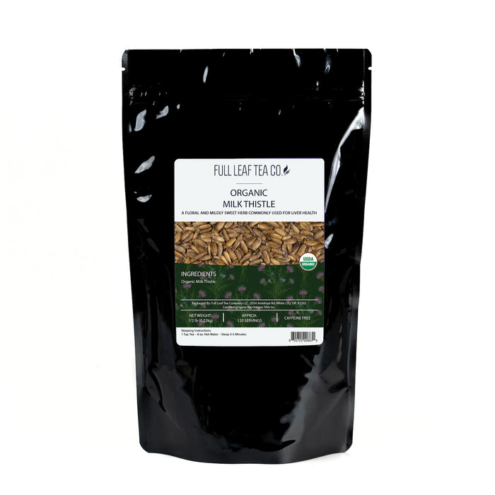 A 1/2 pound bag of Full Leaf Tea Company Organic Milk Thistle Loose Leaf Tea.