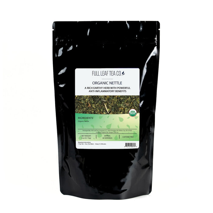 A 1/2 pound bag of Full Leaf Tea Company Organic Nettle Loose Leaf Tea.