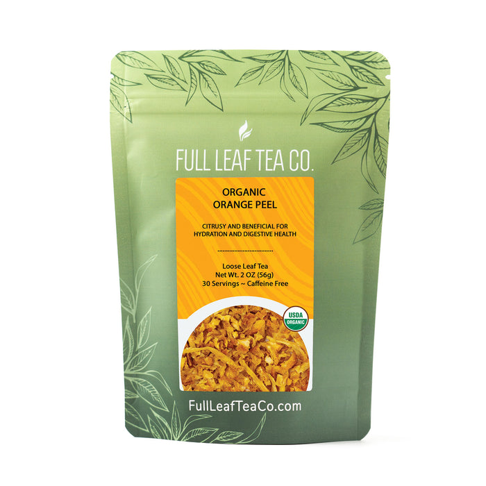 A 2oz bag of Full Leaf Tea Company Organic Orange Peel Loose Leaf Tea.
