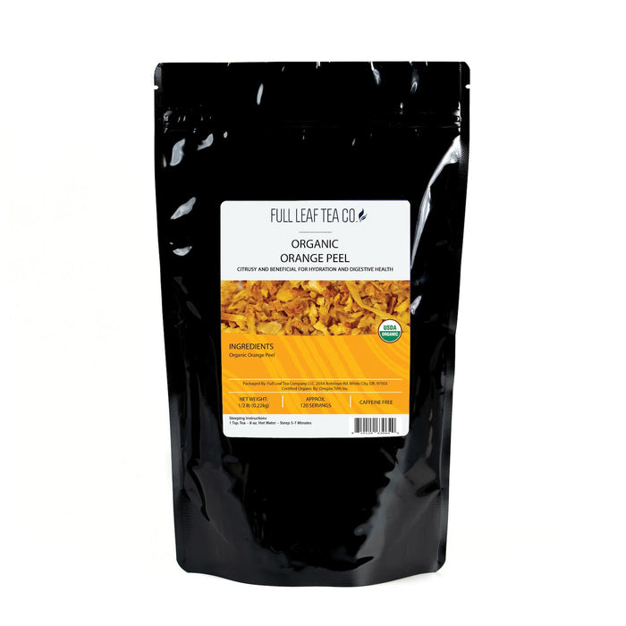 A 1/2 pound bag of Full Leaf Tea Company Organic Orange Peel Loose Leaf Tea.