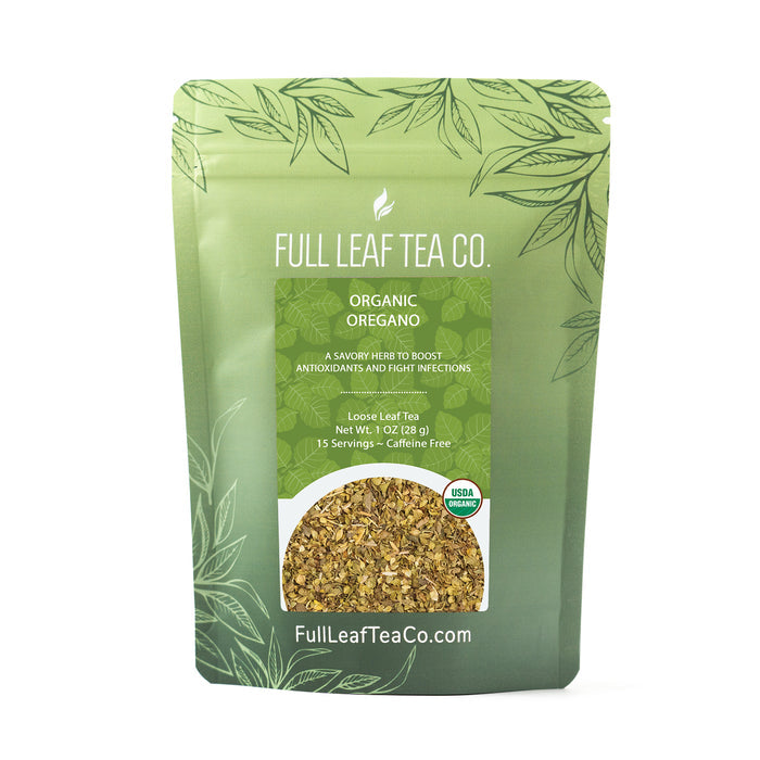 A 1oz bag of Full Leaf Tea Company Organic Oregano Loose Leaf Tea.