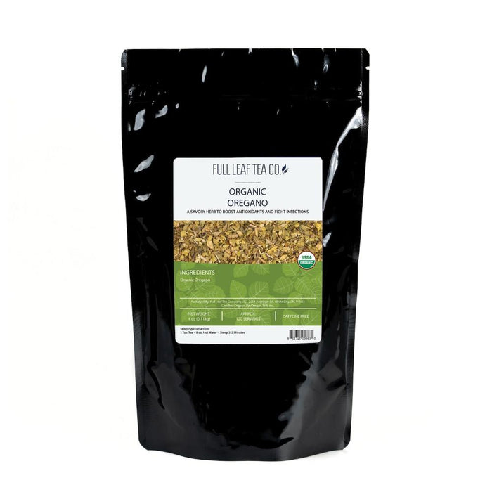 A 4oz bag of Full Leaf Tea Company Organic Oregano Loose Leaf Tea.