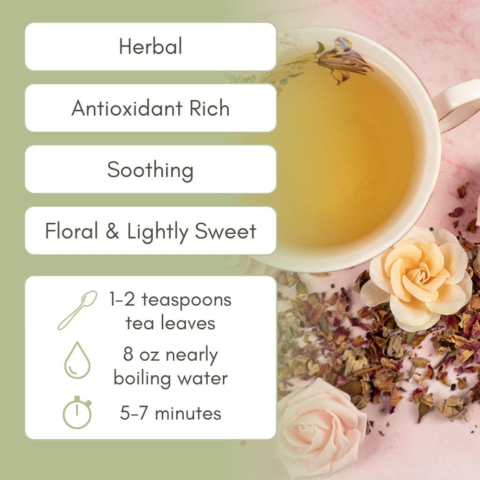 An Infographic description for Organic Rose Petals Tea.