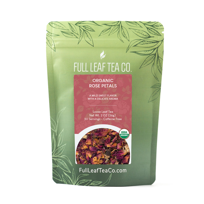 A 2oz bag of Full Leaf Tea Company Organic Rose Petals Loose Leaf Tea.