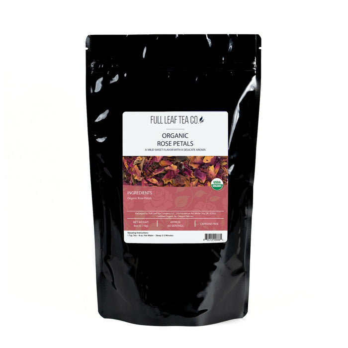 A 4oz bag of Full Leaf Tea Company Organic Rose Petals Loose Leaf Tea.