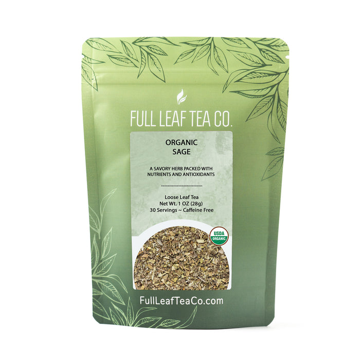 A 1oz bag of Full Leaf Tea Company Organic Sage Loose Leaf Tea.