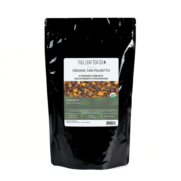 A 1/2 pound bag of Full Leaf Tea Company Organic Saw Palmetto Loose Leaf Tea.