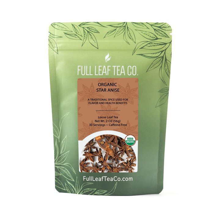 A 2oz bag of Full Leaf Tea Company Organic Star Anise Loose Leaf Tea.