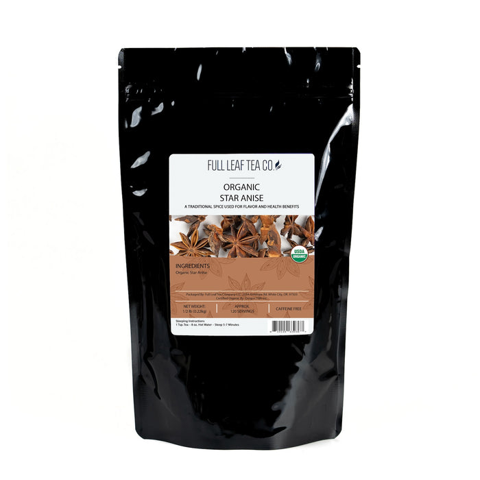 A 1/2 pound bag of Full Leaf Tea Company Organic Star Anise Loose Leaf Tea.